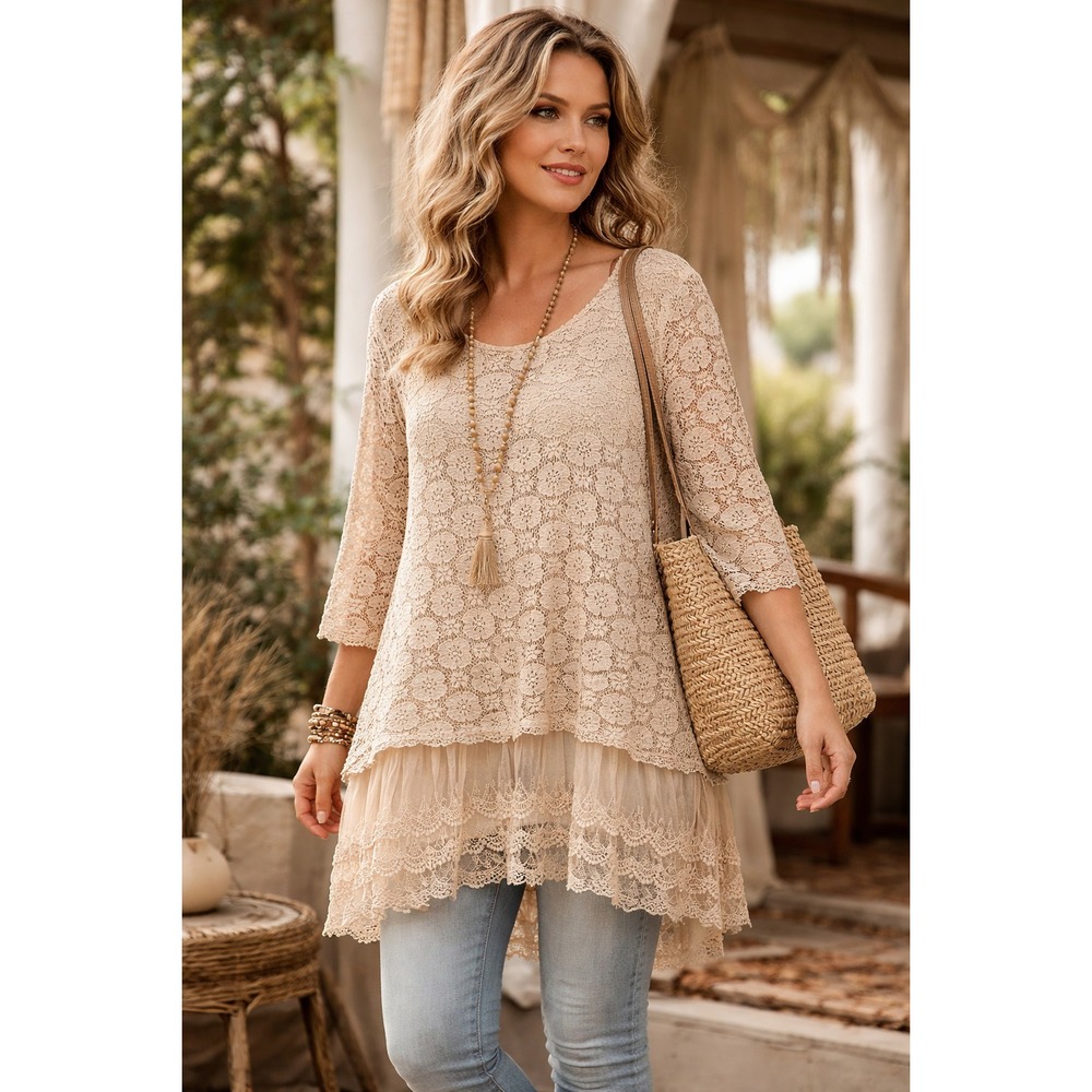 Lady Noiz Plus Size 1X‎ Beige Floral Lace Tunic Top 3/4 Sleeve Boho Lagenlook